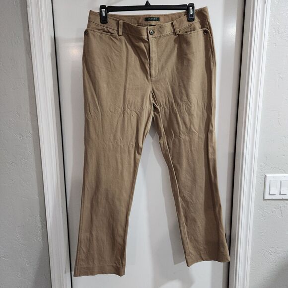 Lauren Ralph Lauren Women Size 14W Beige Tan Flat Front Straight Leg Khaki Pants - Picture 1 of 3